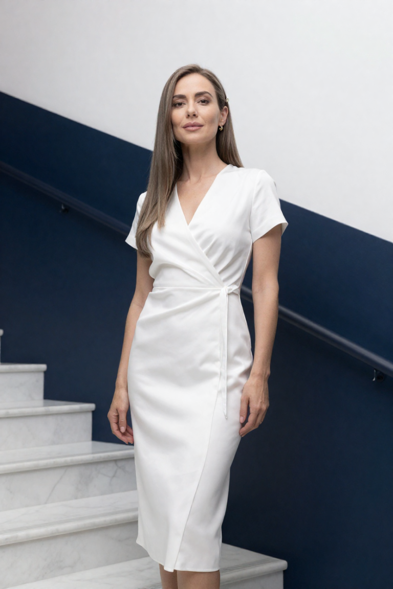 LinkListPro editorial portrait: a fictional adult woman with long straight ash-brown hair, wearing a white satin wrap dress on a marble staircase landing with deep navy accent walls